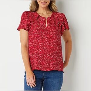 Liz Claiborne keyhole neck blouse Medium in Elegant Red & White Floral Pattern